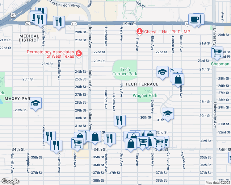 map of restaurants, bars, coffee shops, grocery stores, and more near 3208 27th Street in Lubbock