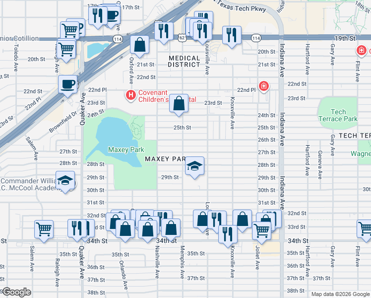 map of restaurants, bars, coffee shops, grocery stores, and more near 3802 27th Street in Lubbock