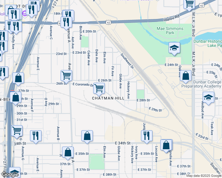 map of restaurants, bars, coffee shops, grocery stores, and more near 2614 Fir Avenue in Lubbock