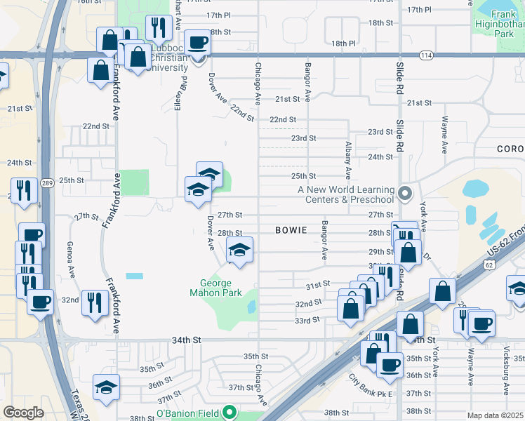 map of restaurants, bars, coffee shops, grocery stores, and more near 5430 27th Street in Lubbock