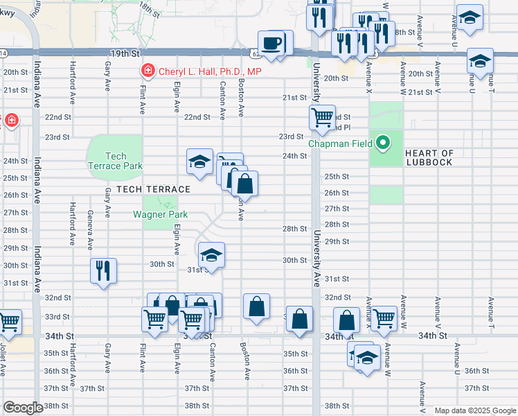 map of restaurants, bars, coffee shops, grocery stores, and more near 2618 27th Street in Lubbock