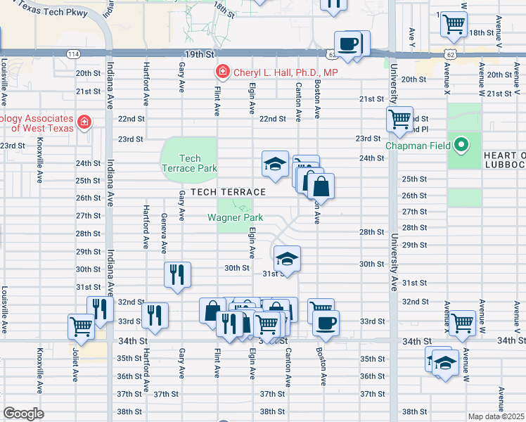 map of restaurants, bars, coffee shops, grocery stores, and more near 2822 27th Street in Lubbock