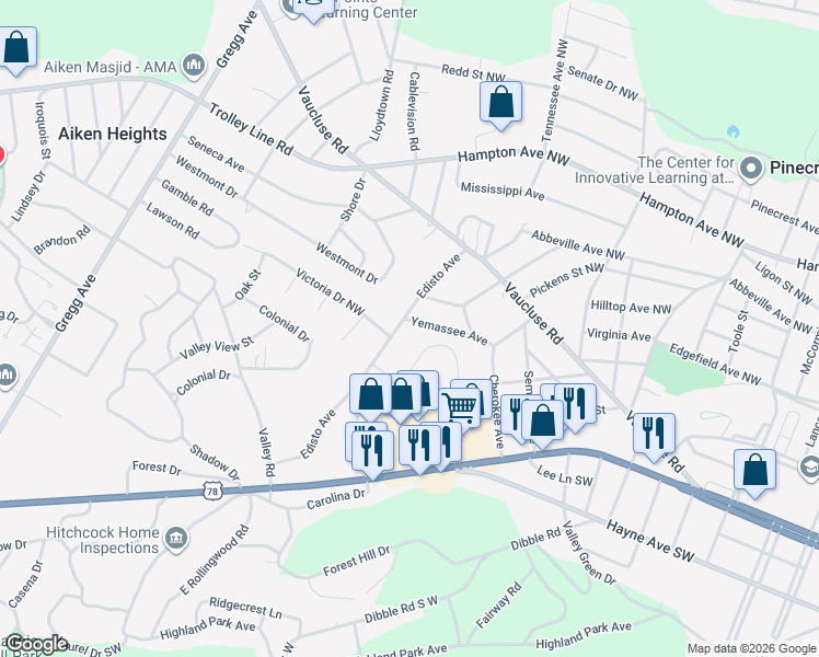 map of restaurants, bars, coffee shops, grocery stores, and more near 854 Edisto Avenue in Aiken