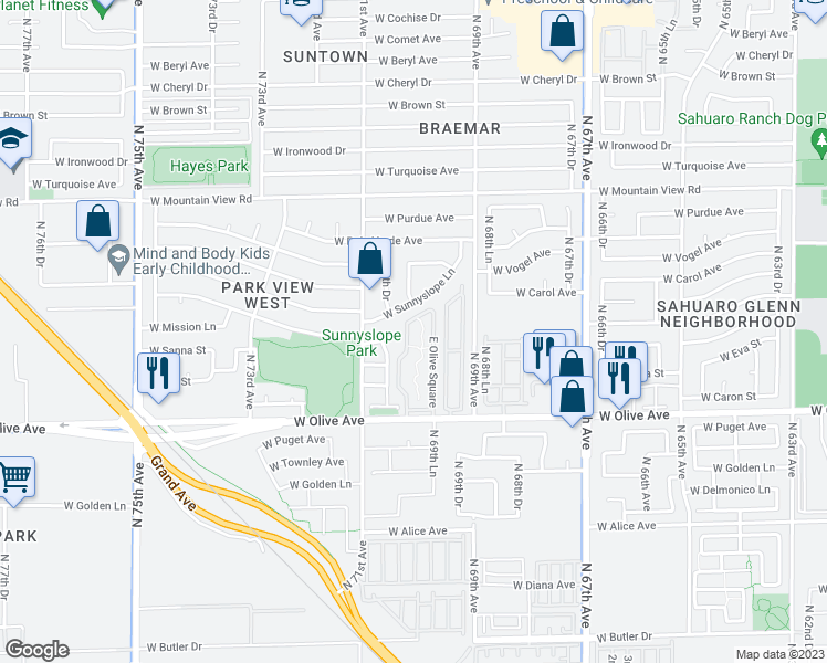map of restaurants, bars, coffee shops, grocery stores, and more near 7040 West Olive Avenue in Peoria