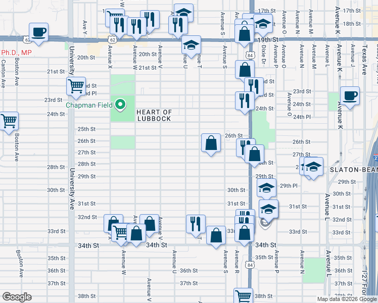 map of restaurants, bars, coffee shops, grocery stores, and more near 2009 27th Street in Lubbock