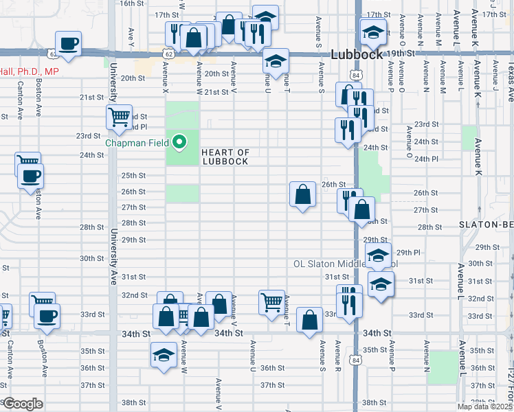 map of restaurants, bars, coffee shops, grocery stores, and more near 2107 27th Street in Lubbock