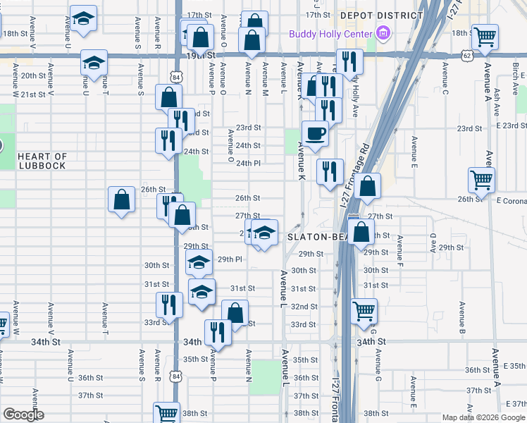 map of restaurants, bars, coffee shops, grocery stores, and more near 1316 27th Street in Lubbock