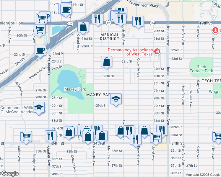 map of restaurants, bars, coffee shops, grocery stores, and more near 3802 27th Street in Lubbock