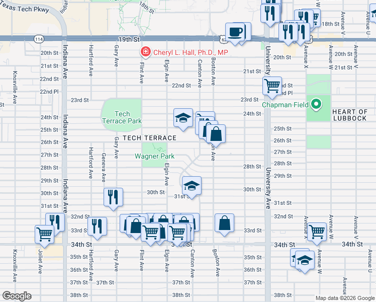 map of restaurants, bars, coffee shops, grocery stores, and more near 2808 27th Street in Lubbock