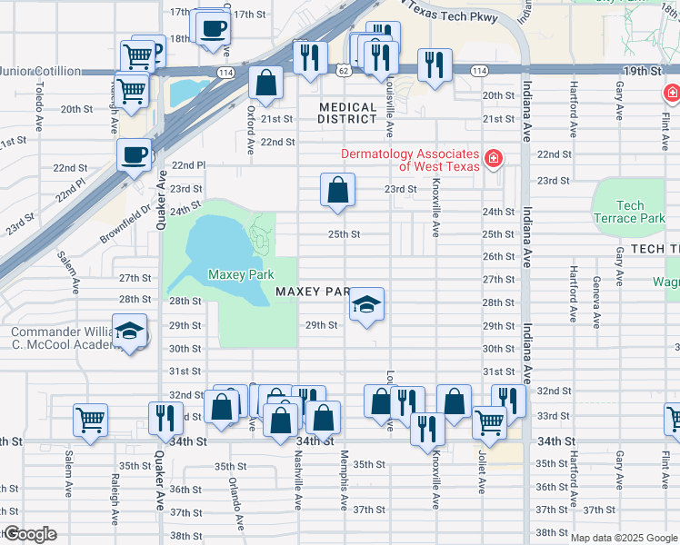 map of restaurants, bars, coffee shops, grocery stores, and more near 3802 27th Street in Lubbock