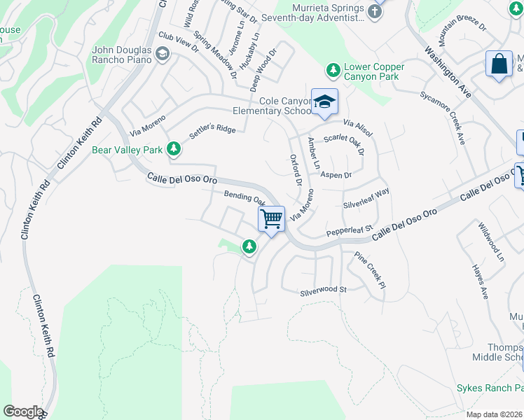 map of restaurants, bars, coffee shops, grocery stores, and more near 23549 Bending Oak Court in Murrieta