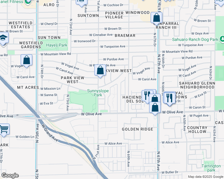 map of restaurants, bars, coffee shops, grocery stores, and more near 7040 West Olive Avenue in Peoria