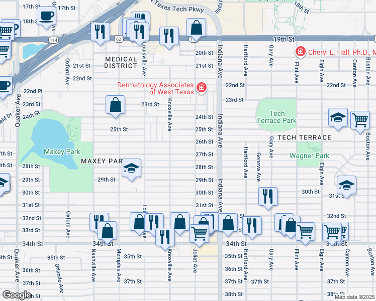 map of restaurants, bars, coffee shops, grocery stores, and more near 3506 27th Street in Lubbock