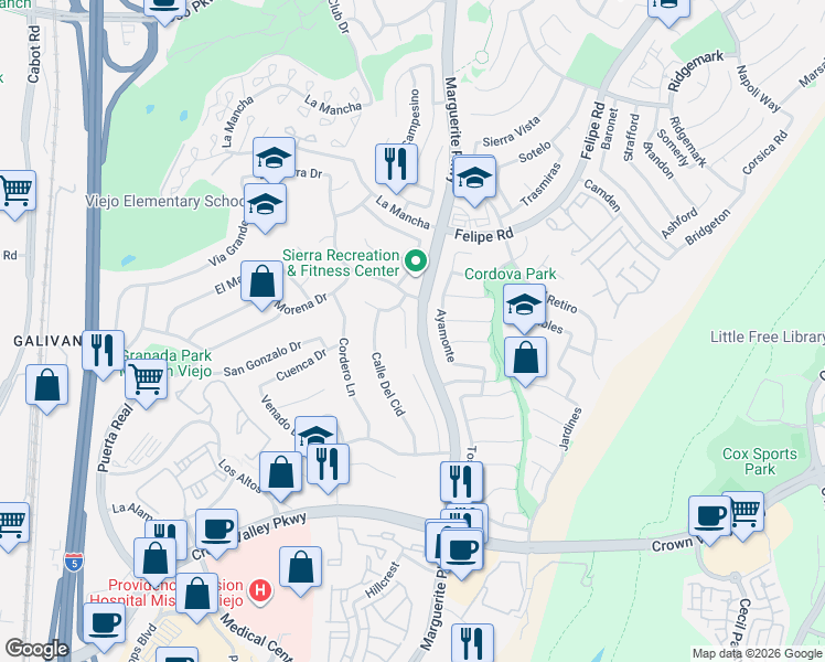 map of restaurants, bars, coffee shops, grocery stores, and more near 27048 Santa Susana Circle in Mission Viejo