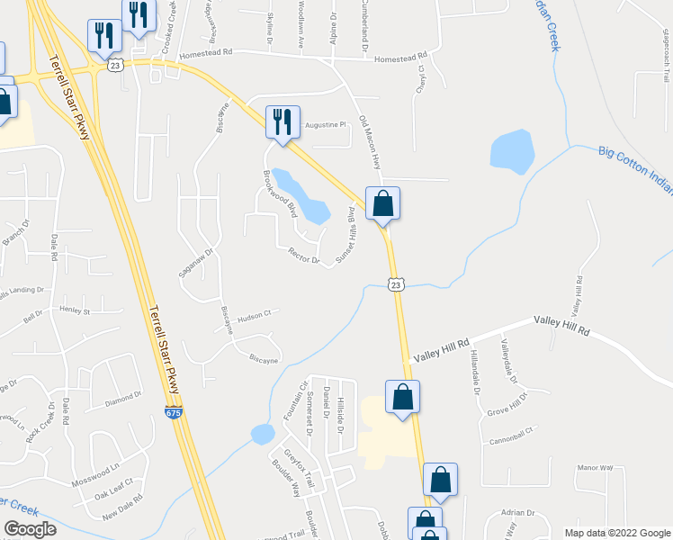 map of restaurants, bars, coffee shops, grocery stores, and more near 6752 Sunset Hills Boulevard in Rex