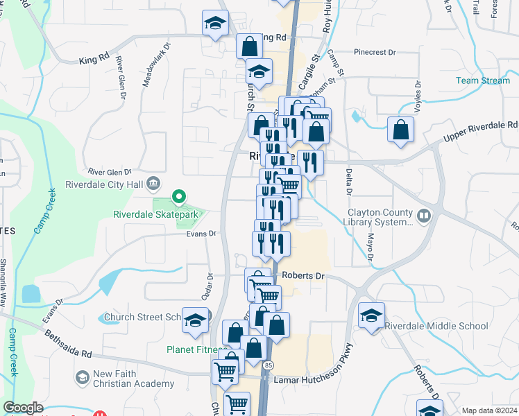map of restaurants, bars, coffee shops, grocery stores, and more near 6775 Powers Street in Riverdale