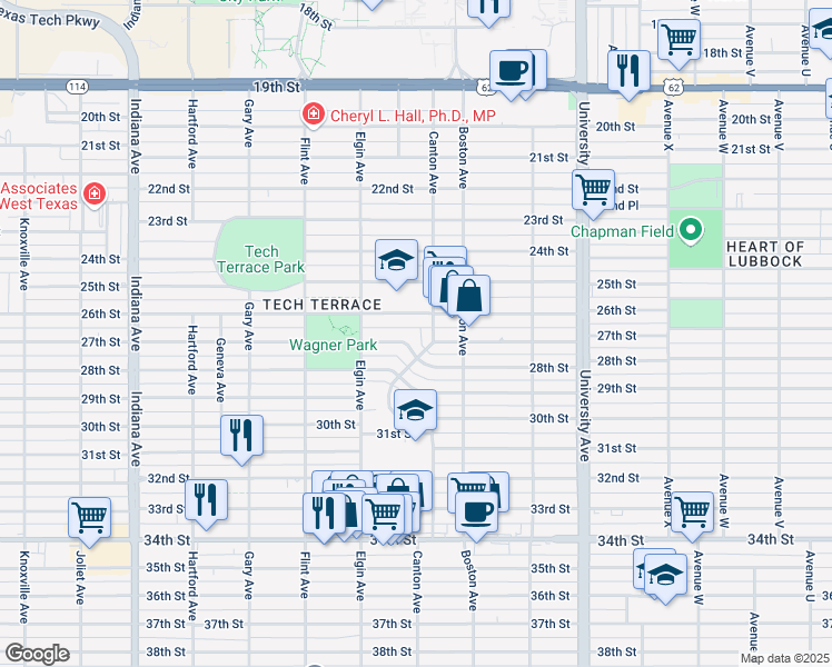 map of restaurants, bars, coffee shops, grocery stores, and more near 2808 27th Street in Lubbock