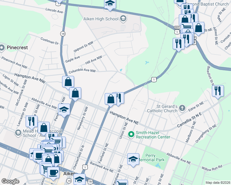 map of restaurants, bars, coffee shops, grocery stores, and more near 105 Northgate Circle in Aiken