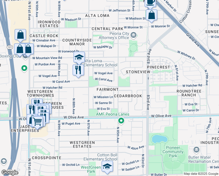 map of restaurants, bars, coffee shops, grocery stores, and more near 9333 North 85th Lane in Peoria