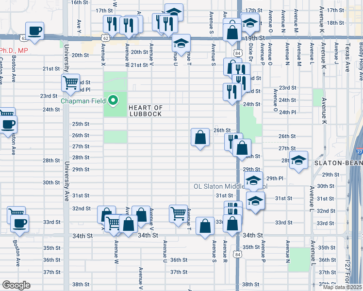 map of restaurants, bars, coffee shops, grocery stores, and more near 2009 27th Street in Lubbock