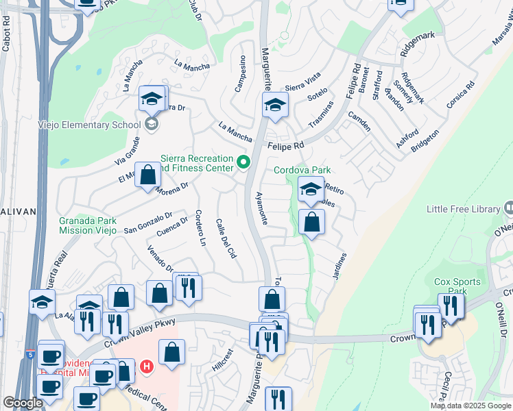 map of restaurants, bars, coffee shops, grocery stores, and more near 27041 Ayamonte in Mission Viejo