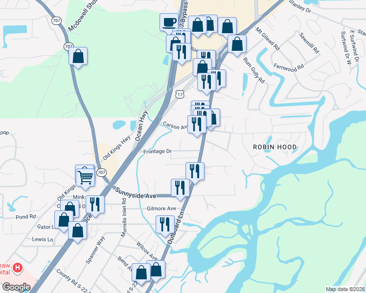 map of restaurants, bars, coffee shops, grocery stores, and more near 3531 Adam Court in Murrells Inlet