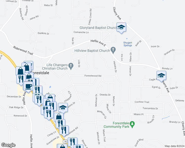 map of restaurants, bars, coffee shops, grocery stores, and more near 708 Forestwood Road in Birmingham