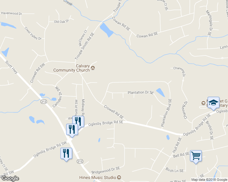 map of restaurants, bars, coffee shops, grocery stores, and more near 1144 Plantation Drive Southeast in Conyers