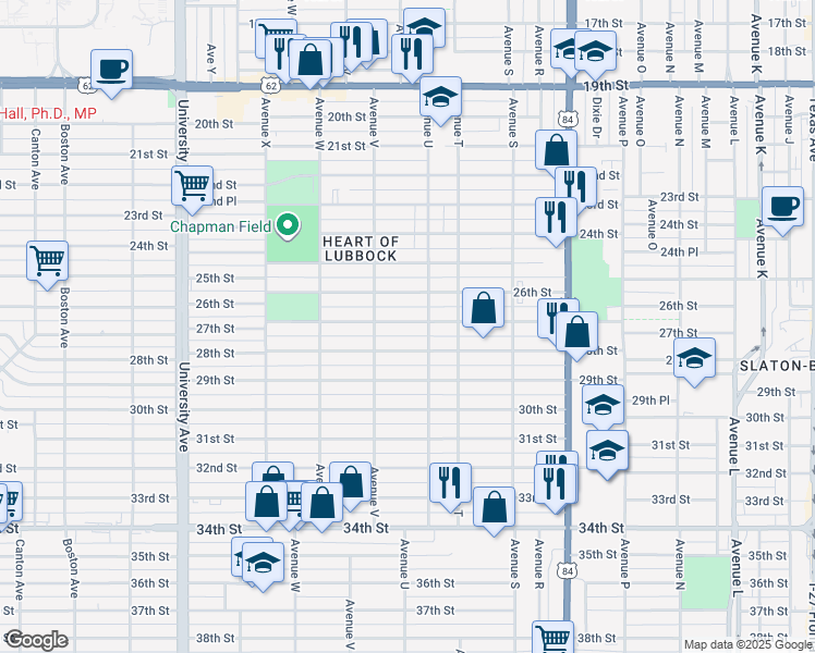 map of restaurants, bars, coffee shops, grocery stores, and more near 2113 27th Street in Lubbock