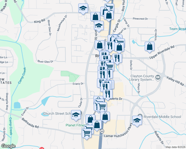 map of restaurants, bars, coffee shops, grocery stores, and more near 778 Mimosa Street in Riverdale