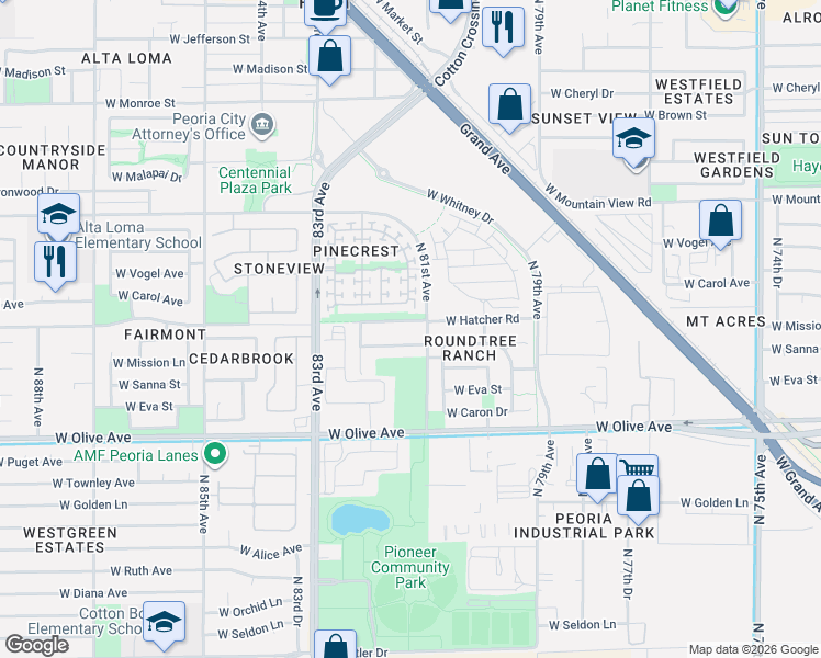 map of restaurants, bars, coffee shops, grocery stores, and more near 8145 West Hatcher Road in Peoria