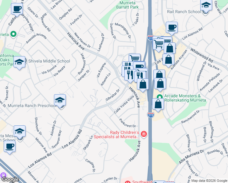 map of restaurants, bars, coffee shops, grocery stores, and more near 40027 Gibraltar Drive in Murrieta