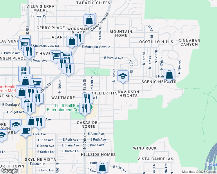 map of restaurants, bars, coffee shops, grocery stores, and more near 9215 North 13th Place in Phoenix