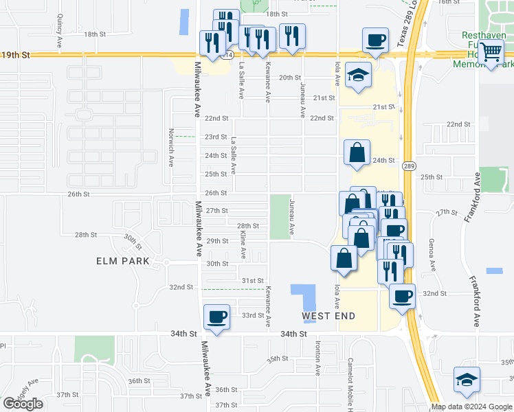 map of restaurants, bars, coffee shops, grocery stores, and more near 6308 27th Street in Lubbock