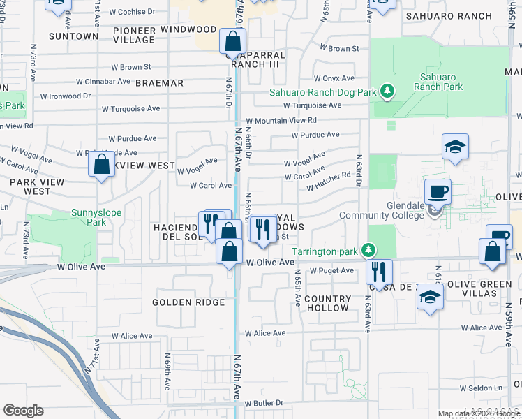 map of restaurants, bars, coffee shops, grocery stores, and more near 6607 West Sunnyslope Lane in Glendale
