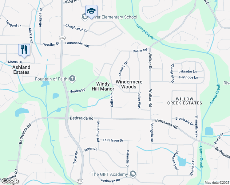 map of restaurants, bars, coffee shops, grocery stores, and more near 6774 Collier Road in Riverdale