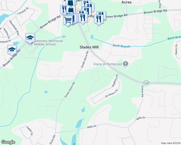 map of restaurants, bars, coffee shops, grocery stores, and more near 115 Smith Store Rd in Covington