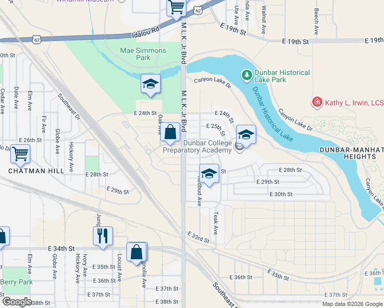 map of restaurants, bars, coffee shops, grocery stores, and more near 1801 East 27th Street in Lubbock