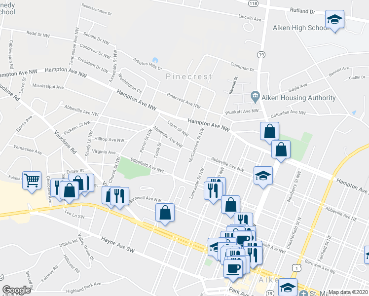 map of restaurants, bars, coffee shops, grocery stores, and more near 752 Abbeville Avenue Northwest in Aiken