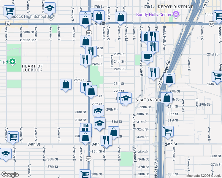 map of restaurants, bars, coffee shops, grocery stores, and more near 1506 27th Street in Lubbock