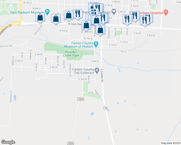 map of restaurants, bars, coffee shops, grocery stores, and more near 118 South 3rd Street in Bonham
