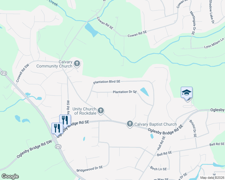 map of restaurants, bars, coffee shops, grocery stores, and more near 1134 Plantation Drive Southeast in Conyers