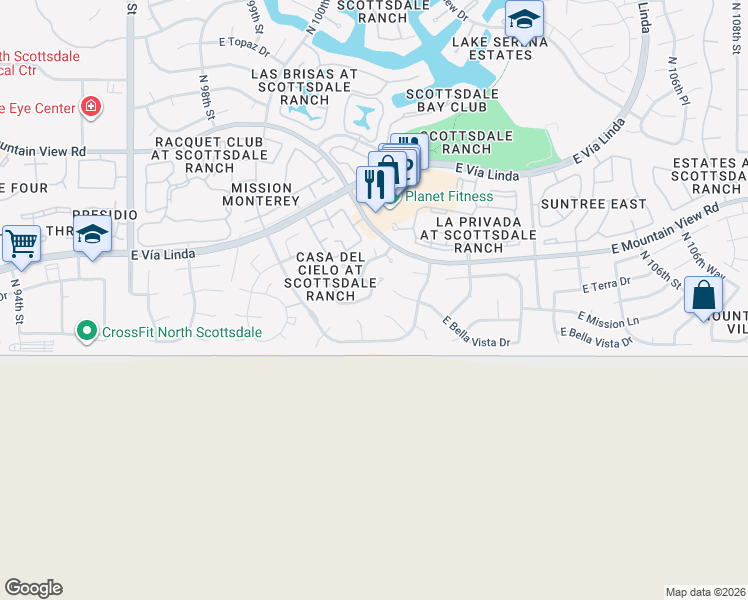 map of restaurants, bars, coffee shops, grocery stores, and more near 10074 East Calle De Cielo Circle in Scottsdale