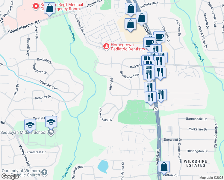 map of restaurants, bars, coffee shops, grocery stores, and more near 384 River Road in Jonesboro
