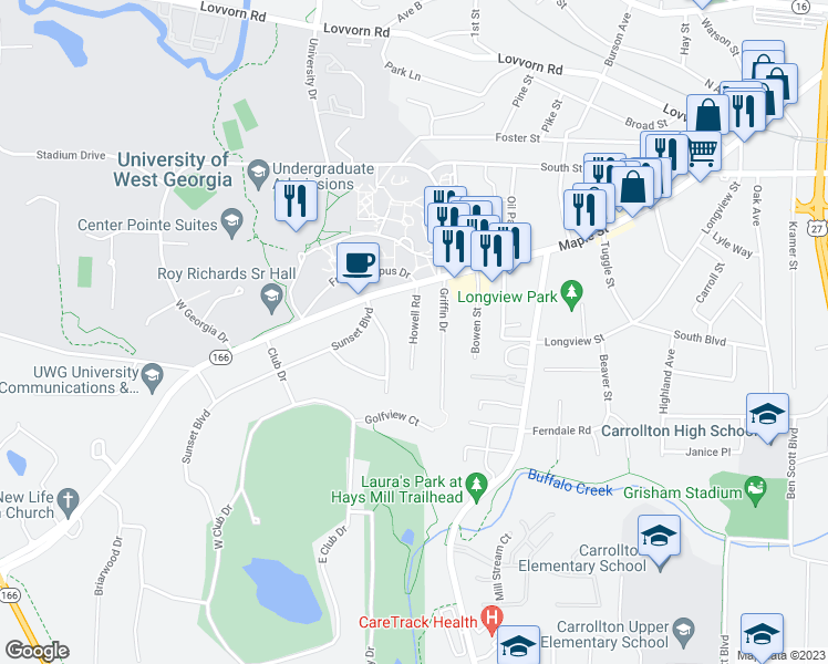 map of restaurants, bars, coffee shops, grocery stores, and more near 131 Howell Road in Carrollton