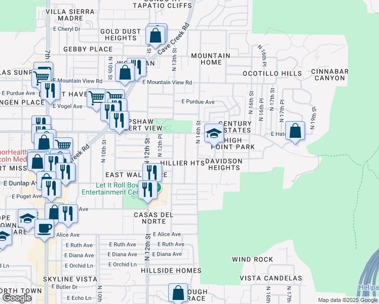 map of restaurants, bars, coffee shops, grocery stores, and more near 9215 North 13th Place in Phoenix