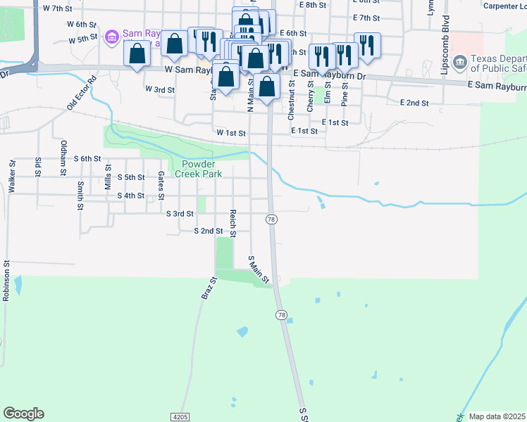 map of restaurants, bars, coffee shops, grocery stores, and more near 301 South Center Street in Bonham