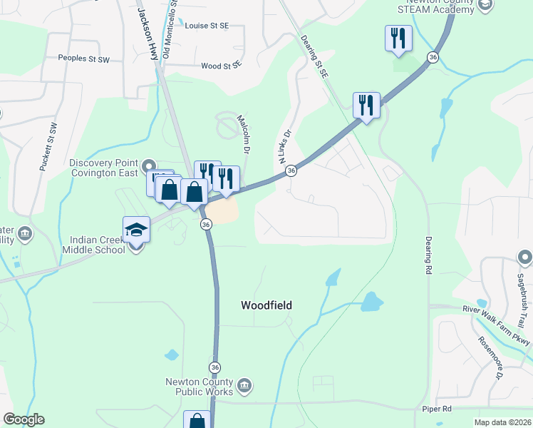 map of restaurants, bars, coffee shops, grocery stores, and more near 240 Fairway Trail in Covington