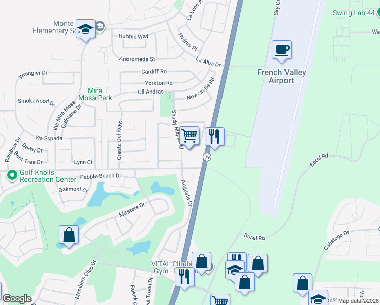 map of restaurants, bars, coffee shops, grocery stores, and more near 29992 Hunter Road in Murrieta