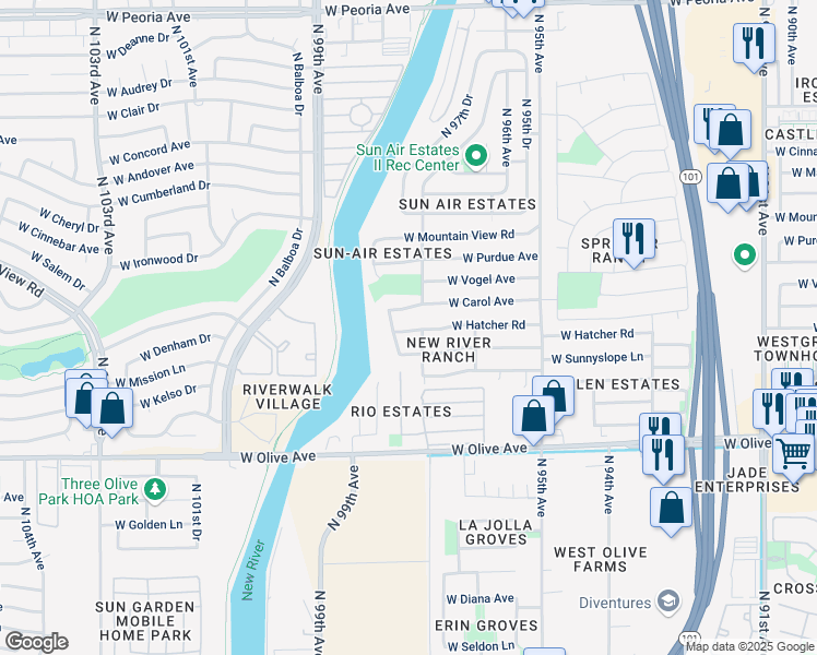 map of restaurants, bars, coffee shops, grocery stores, and more near 9722 W Hatcher Rd in Peoria